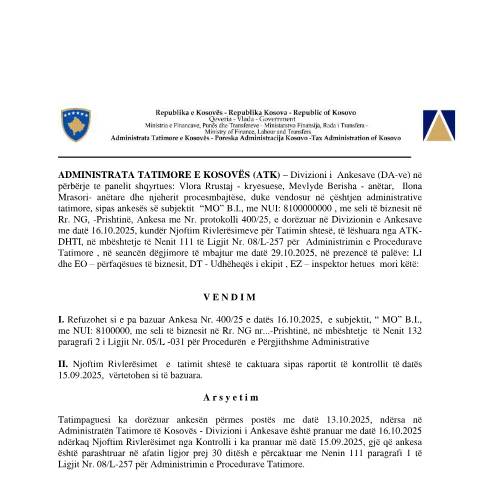 Document preview: Vendimi Nr. 400-25 — Vendimet, Kosovë