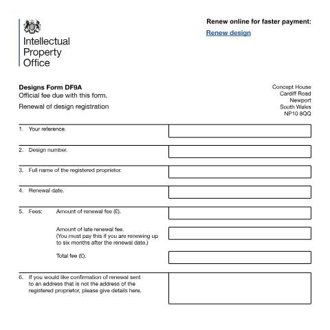 Document preview: Renewal of design registration — Intellectual Property Office, United Kingdom