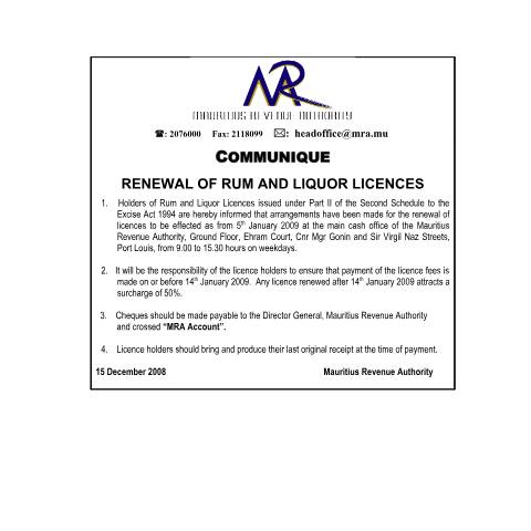 Document preview: Renewal of Rum and Liquor Licences (15.12.2008) — Document, Mauritius (CERFA n°RenewalRumLiquor_15122008)