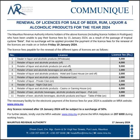 Document preview: Renewal of Licences for Sale of Beer, Rum, Liquor &amp; Alcoholic Products for the year 2024 — Notice / Circular, Mauritius (CERFA n°CommuniqueRenewal170124)