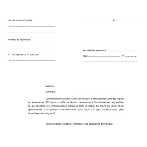 Aperçu du document Immobilisations pour lesquelles il est renoncé à l’amortissement dégressif — IPP INR/pers.phys., Belgique (CERFA n°155-328l)