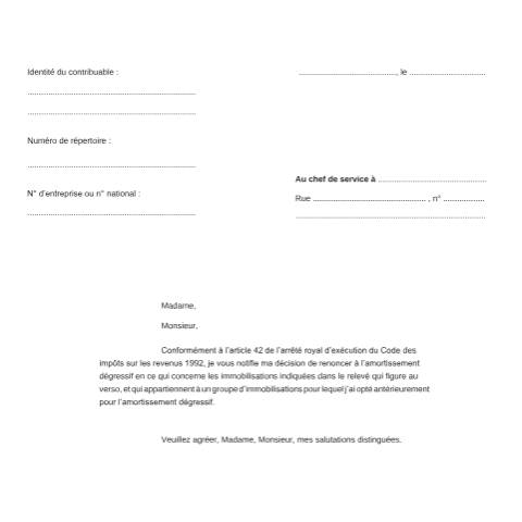 Aperçu du document Immobilisations pour lesquelles il est renoncé à l’amortissement dégressif — IPP INR/pers.phys., Belgique (CERFA n°155-328l)
