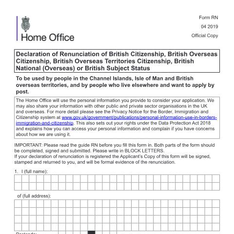 Document preview: Apply to give up (renounce) British citizenship (form RN) — UK Visas and Immigration, United Kingdom
