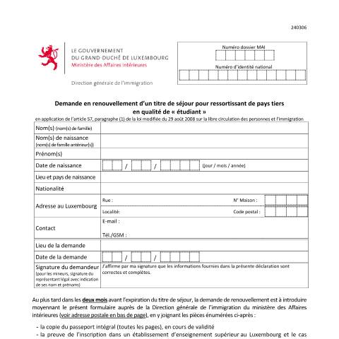 Aperçu du document Demande en renouvellement d’un titre de séjour pour ressortissant de pays tiers en qualité d’"étudiant" — Immigration tiers etudiant, Luxembourg (CERFA n°renouvellement-titre-etudiant)