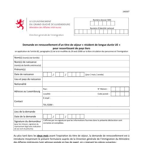 Aperçu du document Demande en renouvellement d’un titre de séjour "résident de longue durée UE" pour ressortissant de pays tiers — Immigration tiers resident longue duree, Luxembourg (CERFA n°renouvellement-statut-resident-longue-duree)