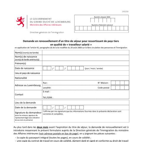 Aperçu du document Demande en renouvellement d’un titre de séjour pour ressortissant de pays tiers en qualité de travailleur salarié — Immigration tiers salarie, Luxembourg (CERFA n°renouvellement-titre-salarie)