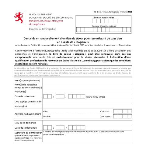 Aperçu du document Demande en renouvellement d’un titre de séjour pour ressortissant de pays tiers en qualité de "stagiaire" — Immigration tiers stagiaire, Luxembourg (CERFA n°renouvellement-titre-stagiaire)