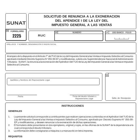 Vista previa del documento Renuncia a la exoneración del Apéndice I del D. Leg. Nº 821 — FORMULARIOS - SOLICITUDES, Perú (CERFA n°2225)