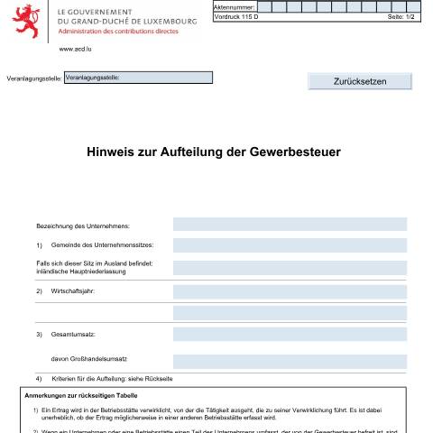 Aperçu du document Hinweis zur Zerlegung der Gewerbesteuer — Annexes et bonifications d'impôt, Luxembourg (CERFA n°115 D)