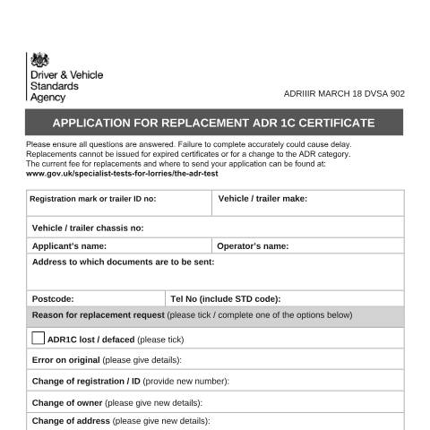 Document preview: Replace a vehicle's dangerous goods (ADR) approval certificate — Driver and Vehicle Standards Agency, United Kingdom