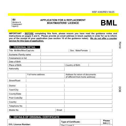 Document preview: How to apply for a replacement of a boatmasters' licence — Maritime and Coastguard Agency, United Kingdom