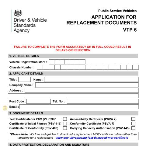 Document preview: Replace a bus or coach fitness, accessibility or capacity certificate — Driver and Vehicle Standards Agency, United Kingdom