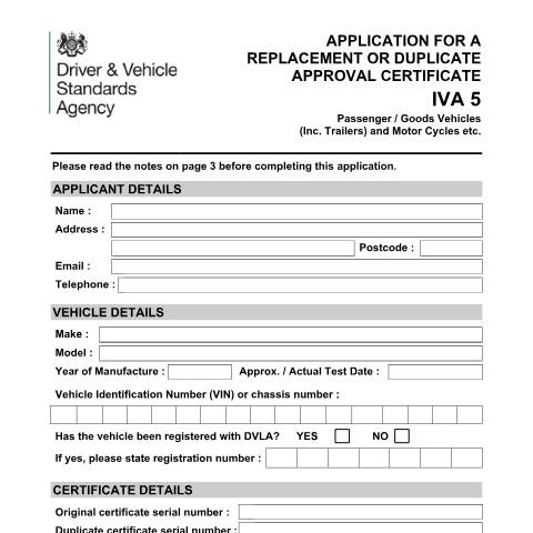 Document preview: Replace an Individual Vehicle Approval (IVA) certificate — Driver and Vehicle Standards Agency, United Kingdom