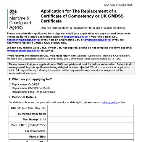 Document preview: How to apply to replace your STCW certificate — Maritime and Coastguard Agency, United Kingdom