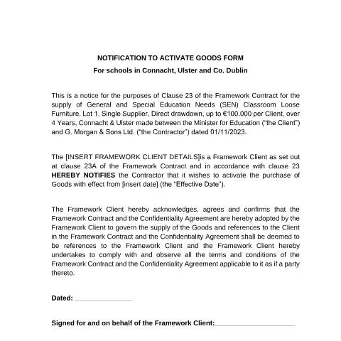 Document preview: Replacement of loose furniture — notification to activate goods form — Department of Education, Ireland