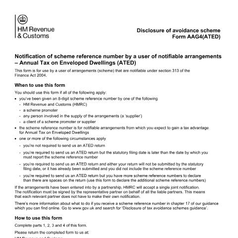 Document preview: Tell HMRC your ATED tax avoidance scheme reference number — HM Revenue & Customs, United Kingdom