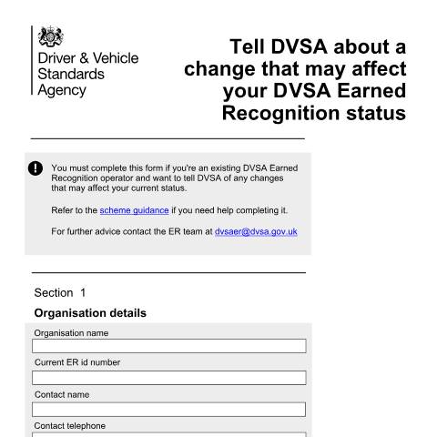 Document preview: Report a change that affects your DVSA earned recognition status — Driver and Vehicle Standards Agency, United Kingdom