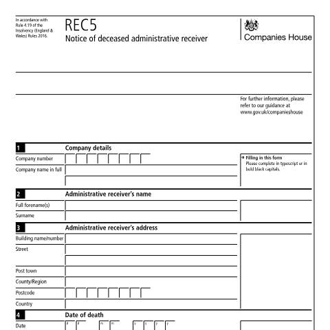 Document preview: Give notice of deceased administrative receiver (REC5) — Companies House, United Kingdom