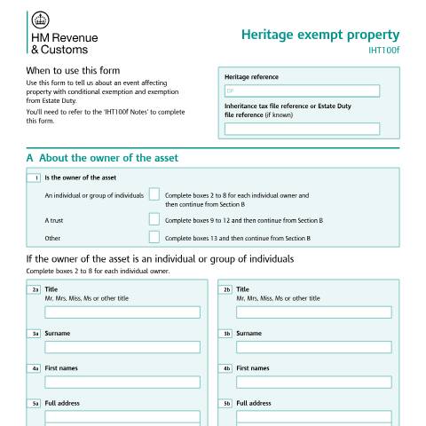 Document preview: Tell HMRC about an ending of a conditional exemption (IHT100f) — HM Revenue & Customs, United Kingdom