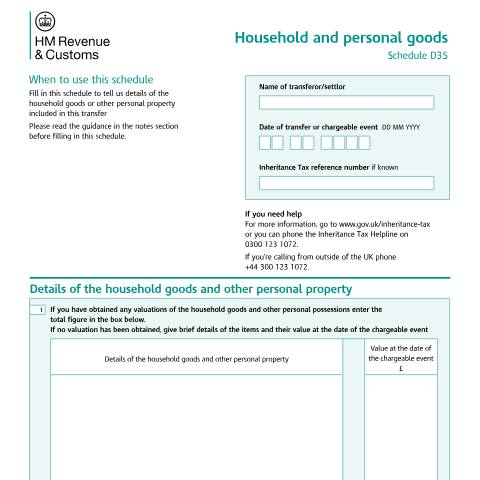 Document preview: Tell HMRC about household and personal goods involved in a chargeable event (D35) — HM Revenue & Customs, United Kingdom