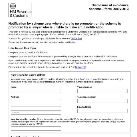 Document preview: Tax avoidance: tell HMRC about your indirect tax scheme if there's no promoter (DASVOIT3) — HM Revenue & Customs, United Kingdom
