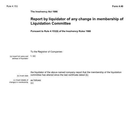 Document preview: Report change in membership of liquidation committee (4.49) — Companies House, United Kingdom