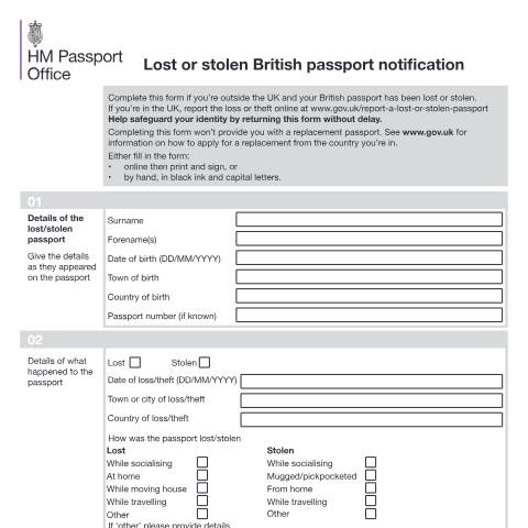 Document preview: Report a lost or stolen British passport from overseas — HM Passport Office, United Kingdom