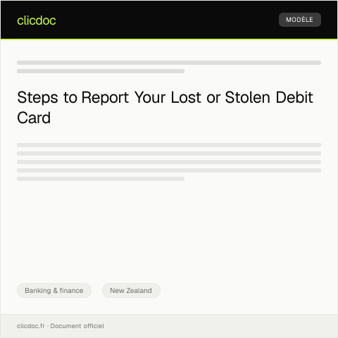 Document preview: Report Lost or Stolen Debit Card / Pūrongo mō te kāri tāpae kua ngaro, kua tahae — Banking & finance, New Zealand