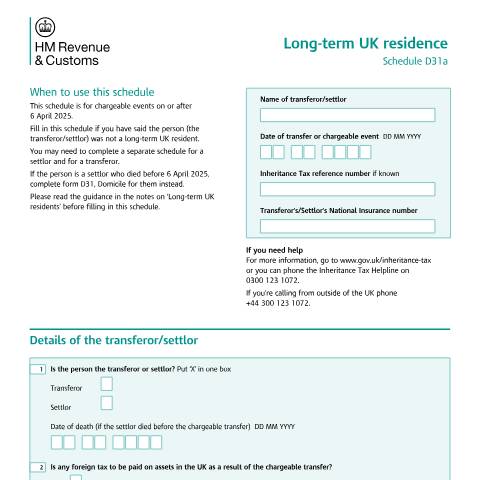 Document preview: Tell HMRC about a transferor or settlor who is not a long-term UK resident (D31a) — HM Revenue & Customs, United Kingdom