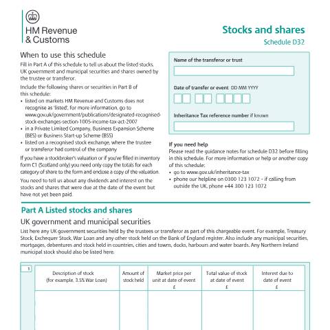 Document preview: Tell HMRC about stocks and shares owned by the trust or transferor (D32) — HM Revenue & Customs, United Kingdom