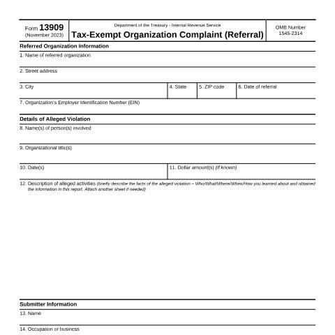 Document preview: IRS Form f13909 — IRS, United States (CERFA n°13909)