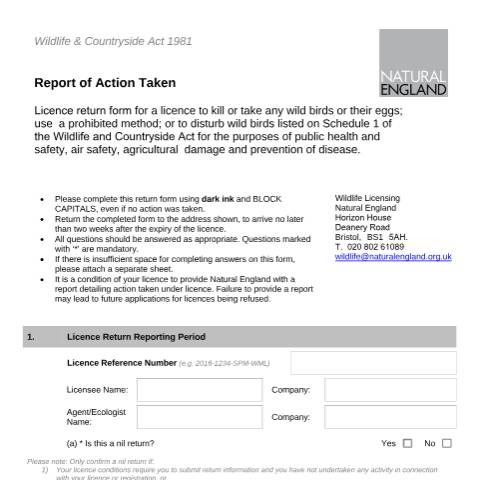 Document preview: Report your actions and renew your licence: A08 or A09 — Natural England, United Kingdom