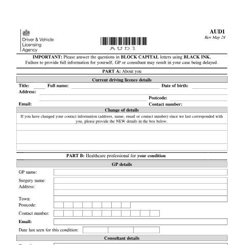 Document preview: Report your medical condition (AUD1) — Driver and Vehicle Licensing Agency, United Kingdom