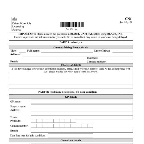 Document preview: Report your medical condition (form CN1) — Driver and Vehicle Licensing Agency, United Kingdom