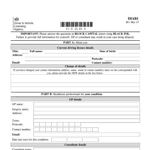 Document preview: Report your medical condition (form DIAB1) — Driver and Vehicle Licensing Agency, United Kingdom