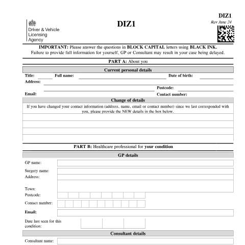 Document preview: Report your medical condition (form DIZ1) — Driver and Vehicle Licensing Agency, United Kingdom