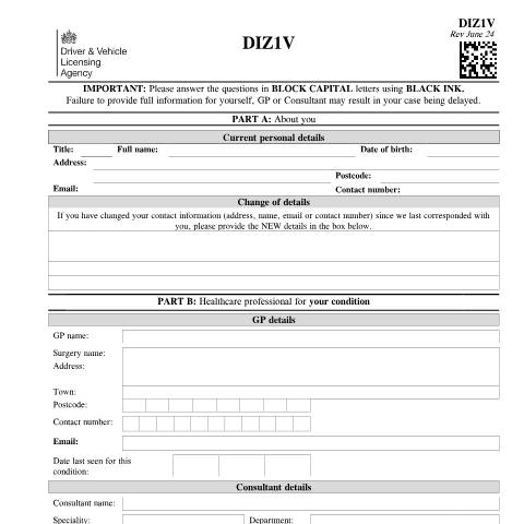 Document preview: Report your medical condition (form DIZ1V) — Driver and Vehicle Licensing Agency, United Kingdom