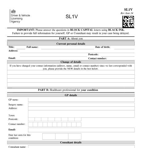 Document preview: Report your medical condition (form SL1V) — Driver and Vehicle Licensing Agency, United Kingdom