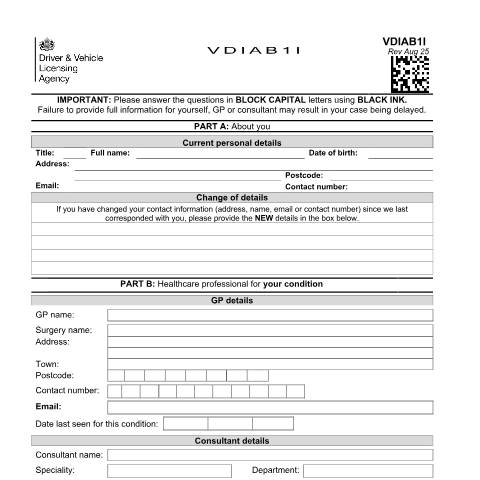 Document preview: Report your medical condition (form VDIAB1I) — Driver and Vehicle Licensing Agency, United Kingdom