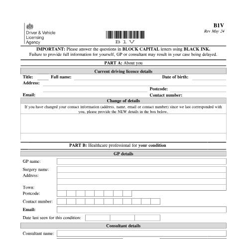 Document preview: Report your medical condition (form B1V) — Driver and Vehicle Licensing Agency, United Kingdom
