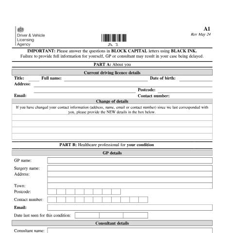 Document preview: Report your medical condition (A1) — Driver and Vehicle Licensing Agency, United Kingdom