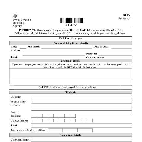 Document preview: Report your medical condition (form M1V) — Driver and Vehicle Licensing Agency, United Kingdom