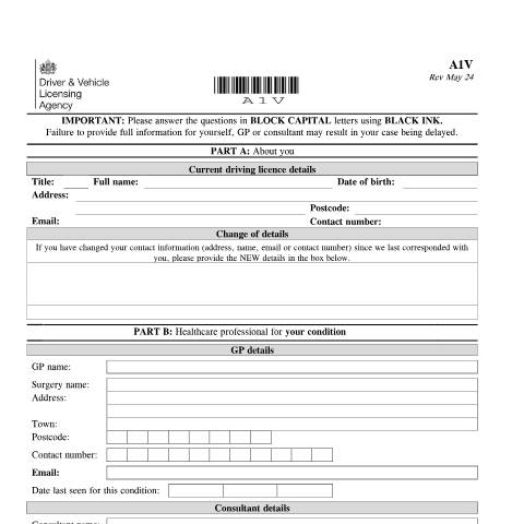 Document preview: Report your medical condition (form A1V) — Driver and Vehicle Licensing Agency, United Kingdom