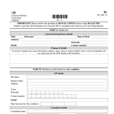 Document preview: Report your medical condition (form B1) — Driver and Vehicle Licensing Agency, United Kingdom