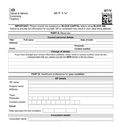 Document preview: Report your medical condition (form BT1V) — Driver and Vehicle Licensing Agency, United Kingdom