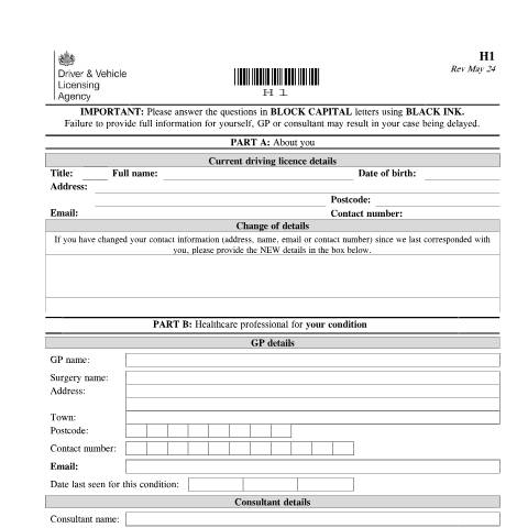 Document preview: Report your medical condition (form H1) — Driver and Vehicle Licensing Agency, United Kingdom