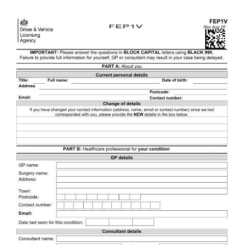Document preview: Report your medical condition (form FEP1V) — Driver and Vehicle Licensing Agency, United Kingdom