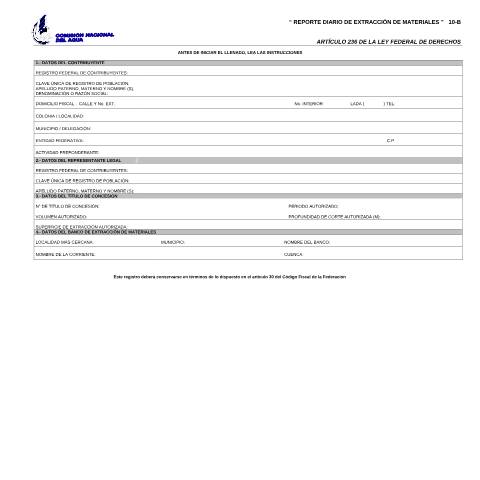 Vista previa del documento Reporte diario de extracción de materiales. Art. 236 de la Ley Federal de Derechos. Esta forma es de libre impresión. — Código Fiscal de la Federación (CFF), México (CERFA n°10-B)