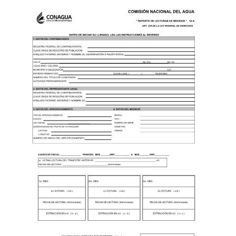 Vista previa del documento Reporte de lecturas de medidor. Art. 225 de la Ley Federal de Derechos. Esta forma es de libre impresión. — Código Fiscal de la Federación (CFF), México (CERFA n°10-A)