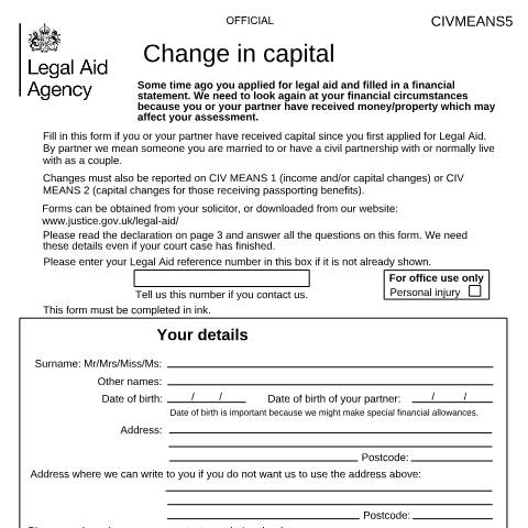 Document preview: CIV MEANS 5: client whose capital has changed — Legal Aid Agency, United Kingdom